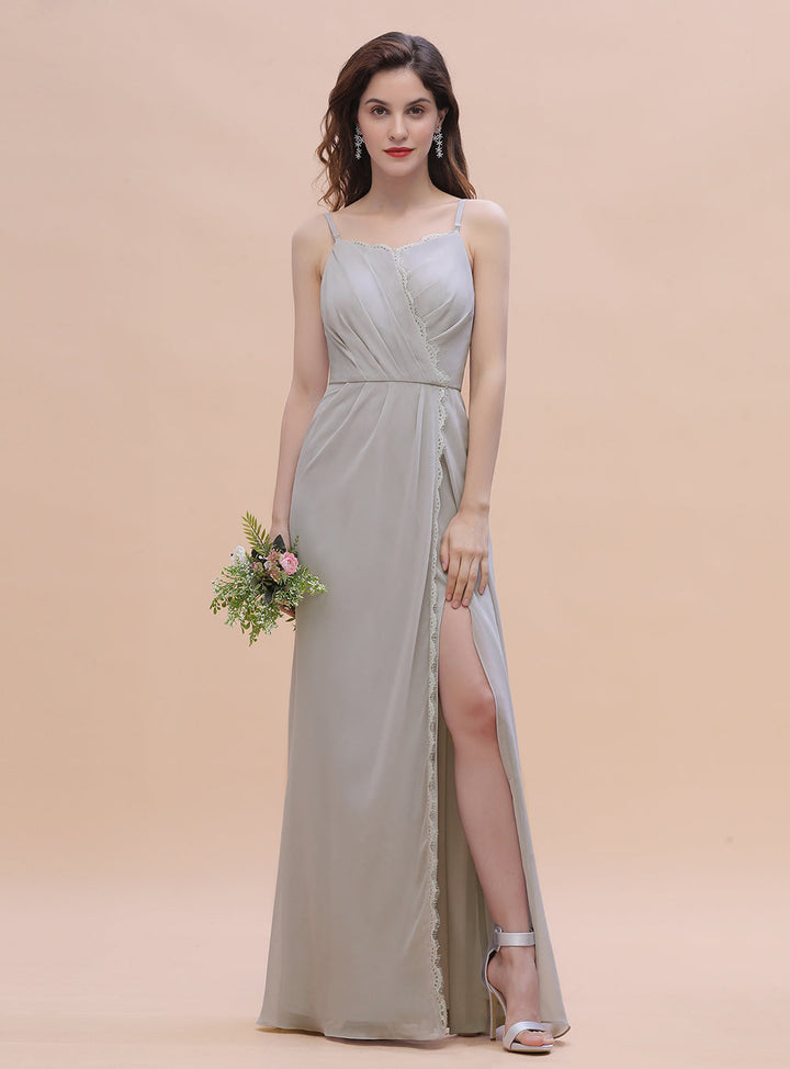 A-line Chiffon Side Slit Floor-Length Dress with Spaghetti Straps-koscy