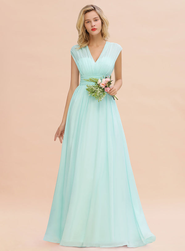 A-line Chiffon V-Neck Ruched Chiffon Floor-Length Dress-koscy