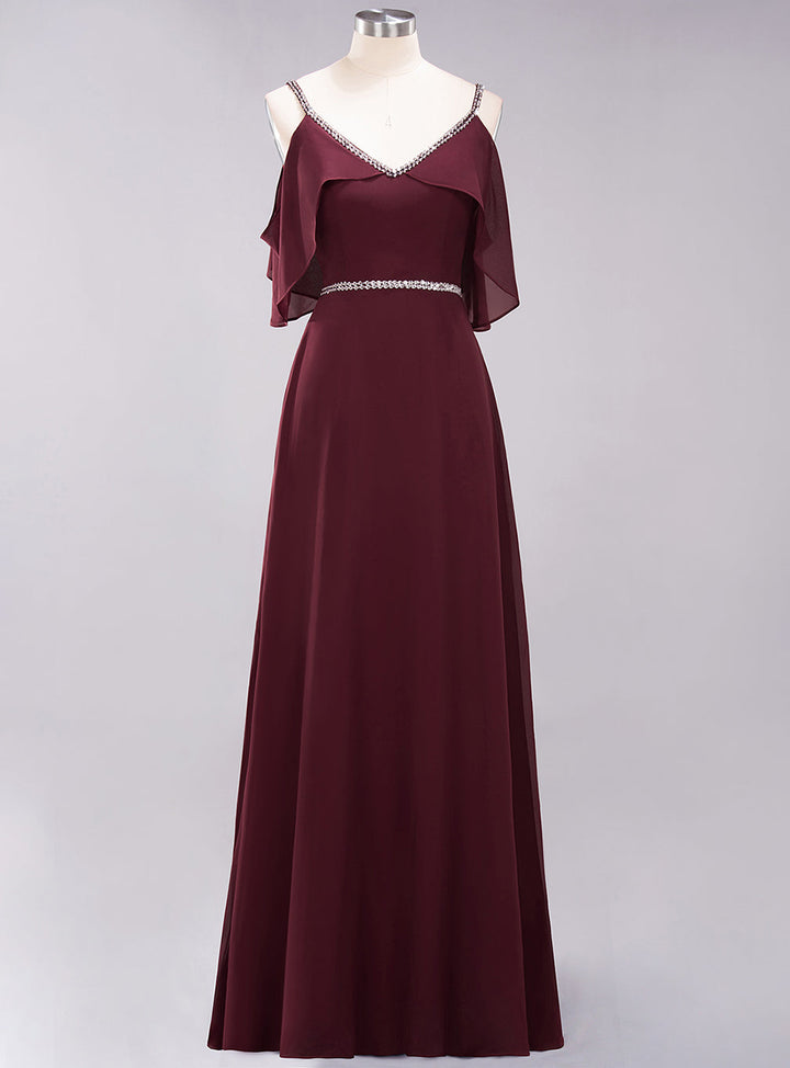 A-line Cold-Shoulder Chiffon Floor-Length Dress-koscy