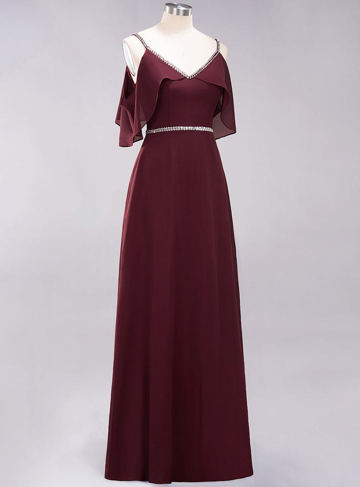 A-line Cold-Shoulder Chiffon Floor-Length Dress-koscy