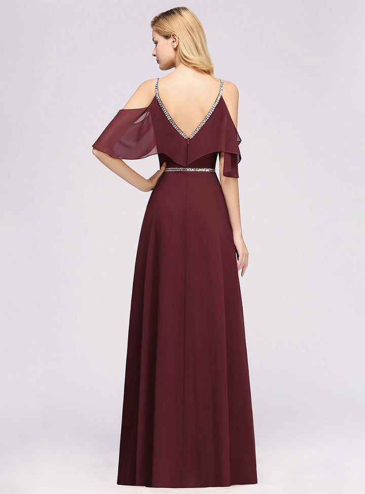 A-line Cold-Shoulder Chiffon Floor-Length Dress-koscy