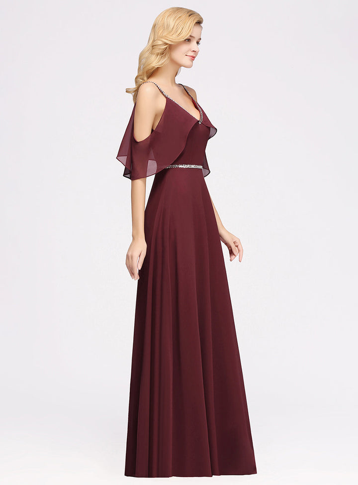 A-line Cold-Shoulder Chiffon Floor-Length Dress-koscy