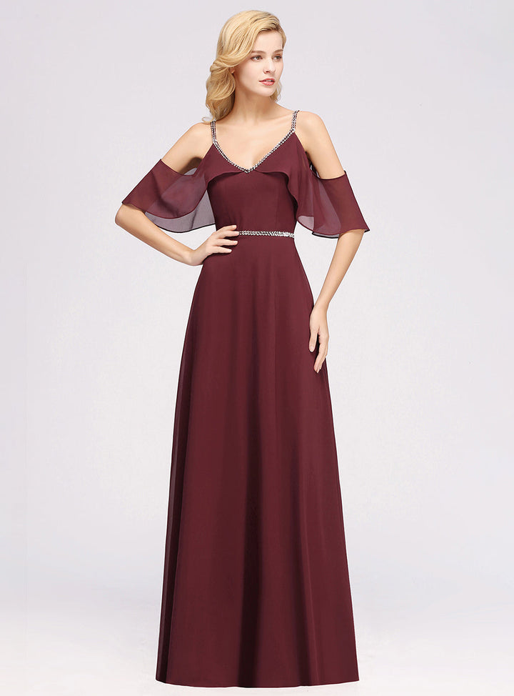 A-line Cold-Shoulder Chiffon Floor-Length Dress-koscy