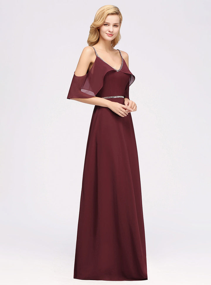 A-line Cold-Shoulder Chiffon Floor-Length Dress-koscy