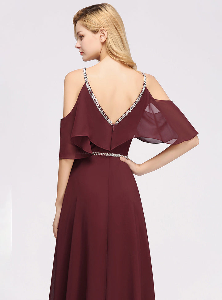 A-line Cold-Shoulder Chiffon Floor-Length Dress-koscy