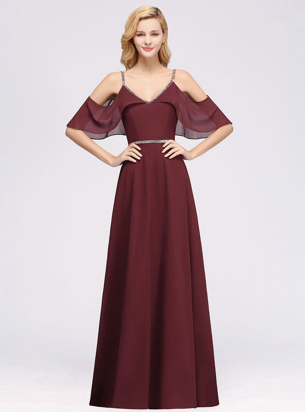 A-line Cold-Shoulder Chiffon Floor-Length Dress-koscy