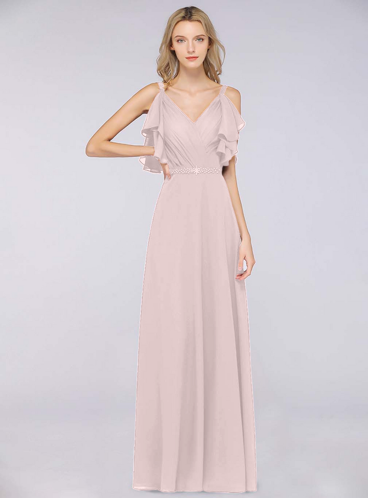 A-line Cold-Shoulder Chiffon Floor-Length Dress with Pearls-koscy