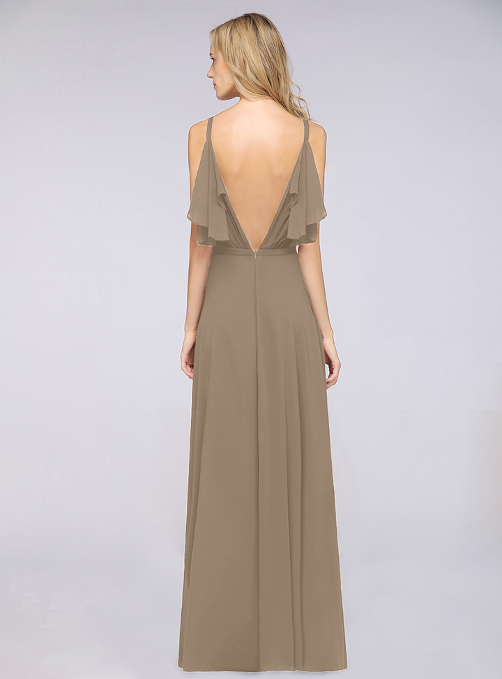 A-line Cold-Shoulder Chiffon Floor-Length Dress with Pearls-koscy