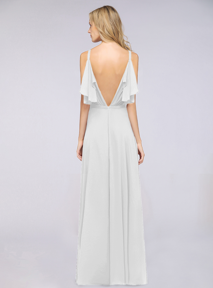 A-line Cold-Shoulder Chiffon Floor-Length Dress with Pearls-koscy