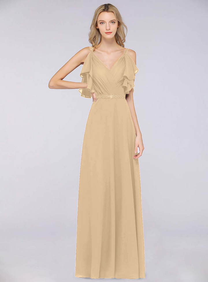 A-line Cold-Shoulder Chiffon Floor-Length Dress with Pearls-koscy