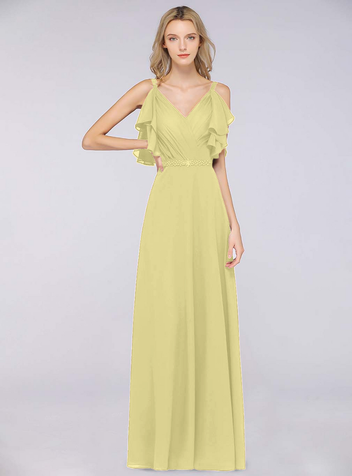 A-line Cold-Shoulder Chiffon Floor-Length Dress with Pearls-koscy