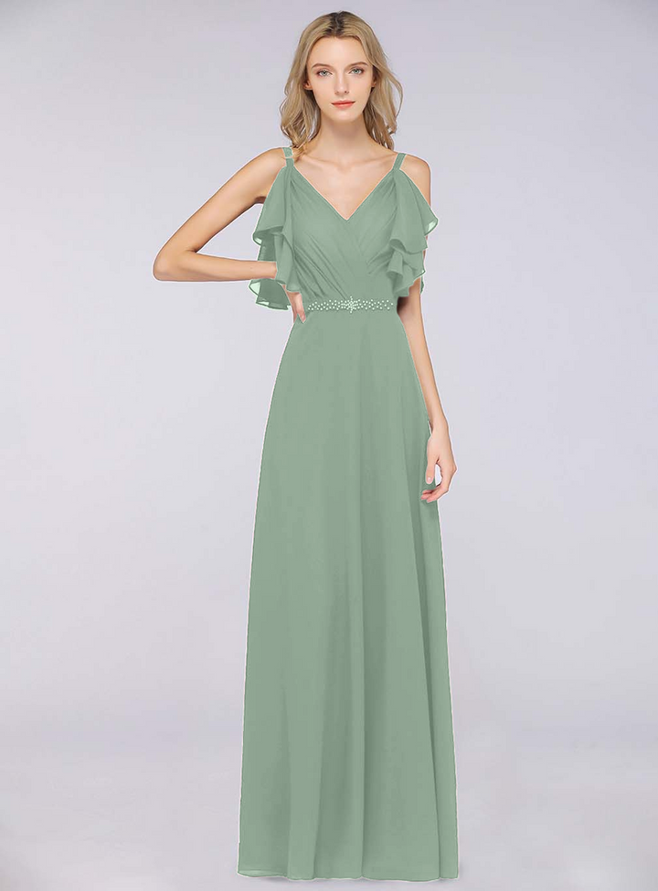 A-line Cold-Shoulder Chiffon Floor-Length Dress with Pearls-koscy