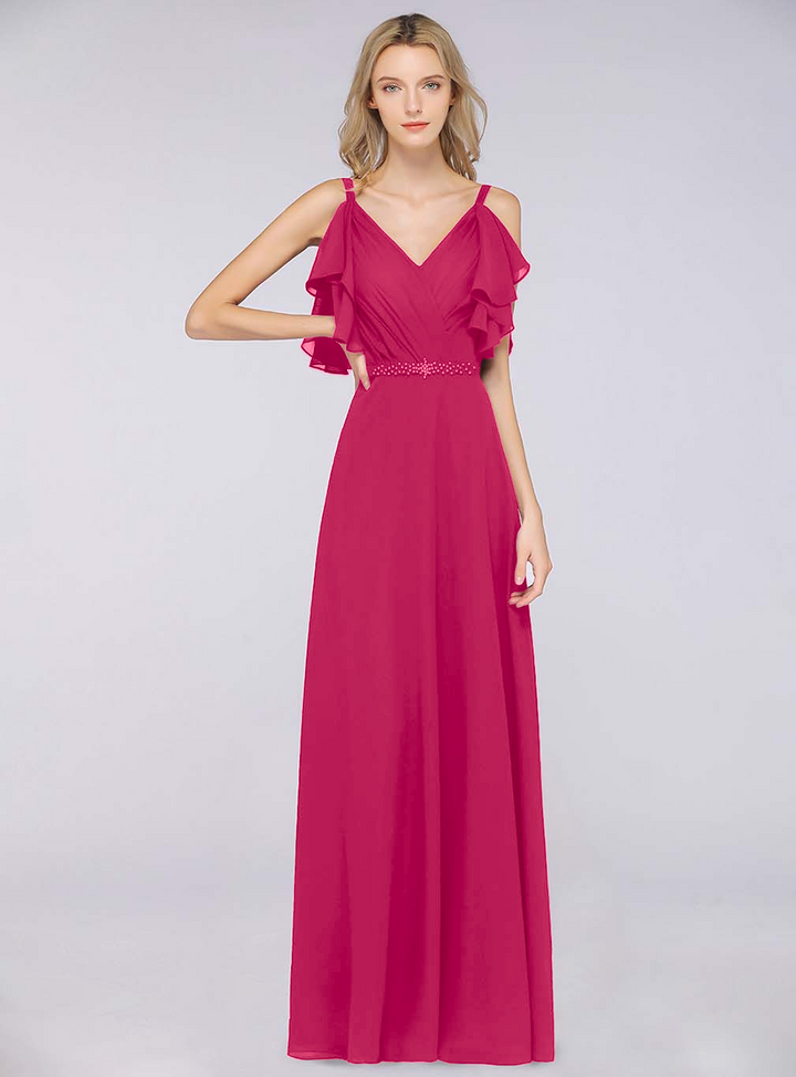 A-line Cold-Shoulder Chiffon Floor-Length Dress with Pearls-koscy