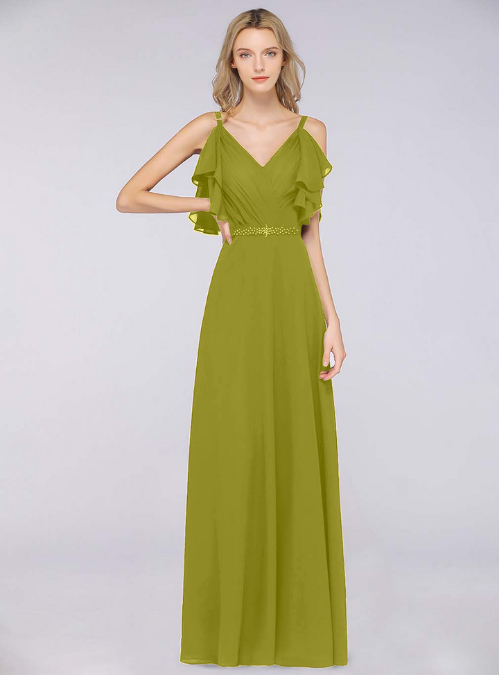 A-line Cold-Shoulder Chiffon Floor-Length Dress with Pearls-koscy