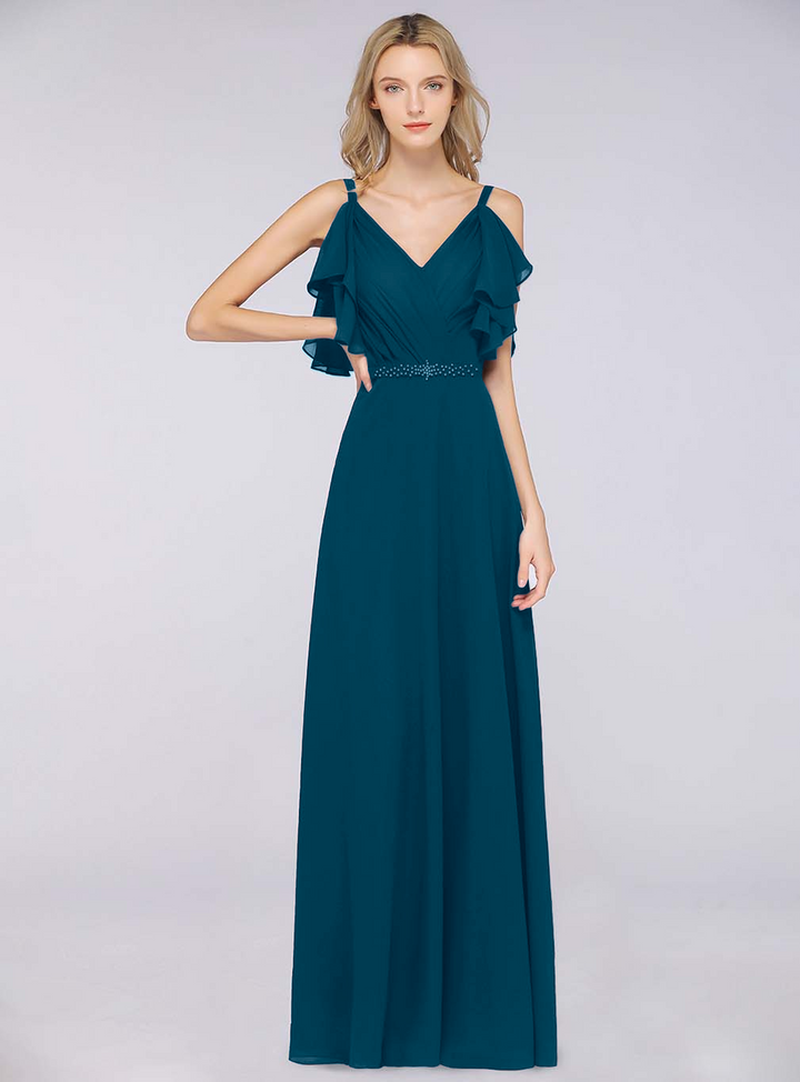 A-line Cold-Shoulder Chiffon Floor-Length Dress with Pearls-koscy