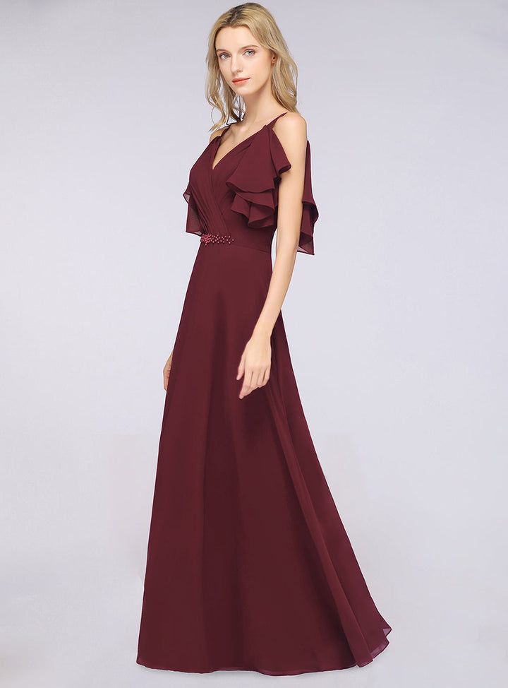 A-line Cold-Shoulder Chiffon Floor-Length Dress with Pearls-koscy