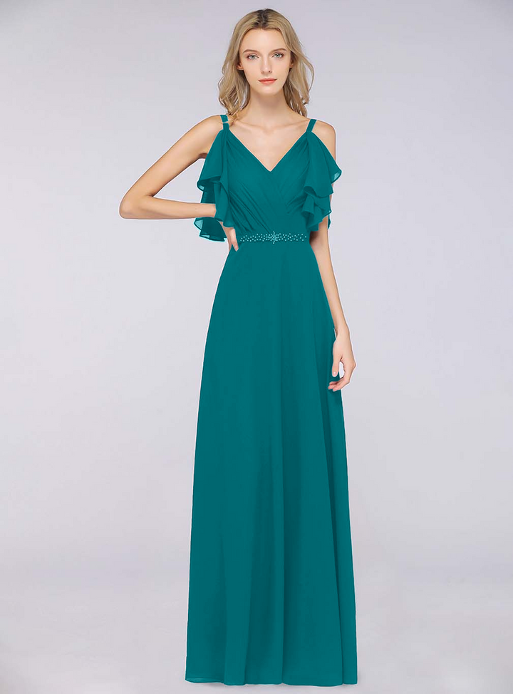 A-line Cold-Shoulder Chiffon Floor-Length Dress with Pearls-koscy