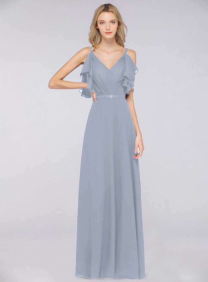 A-line Cold-Shoulder Chiffon Floor-Length Dress with Pearls-koscy