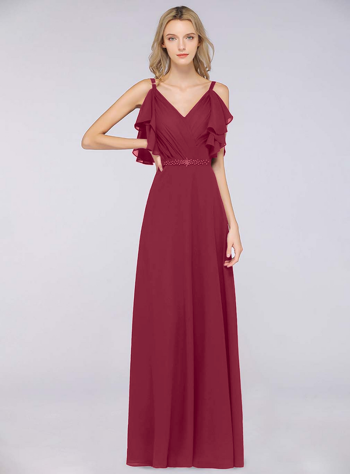 A-line Cold-Shoulder Chiffon Floor-Length Dress with Pearls-koscy