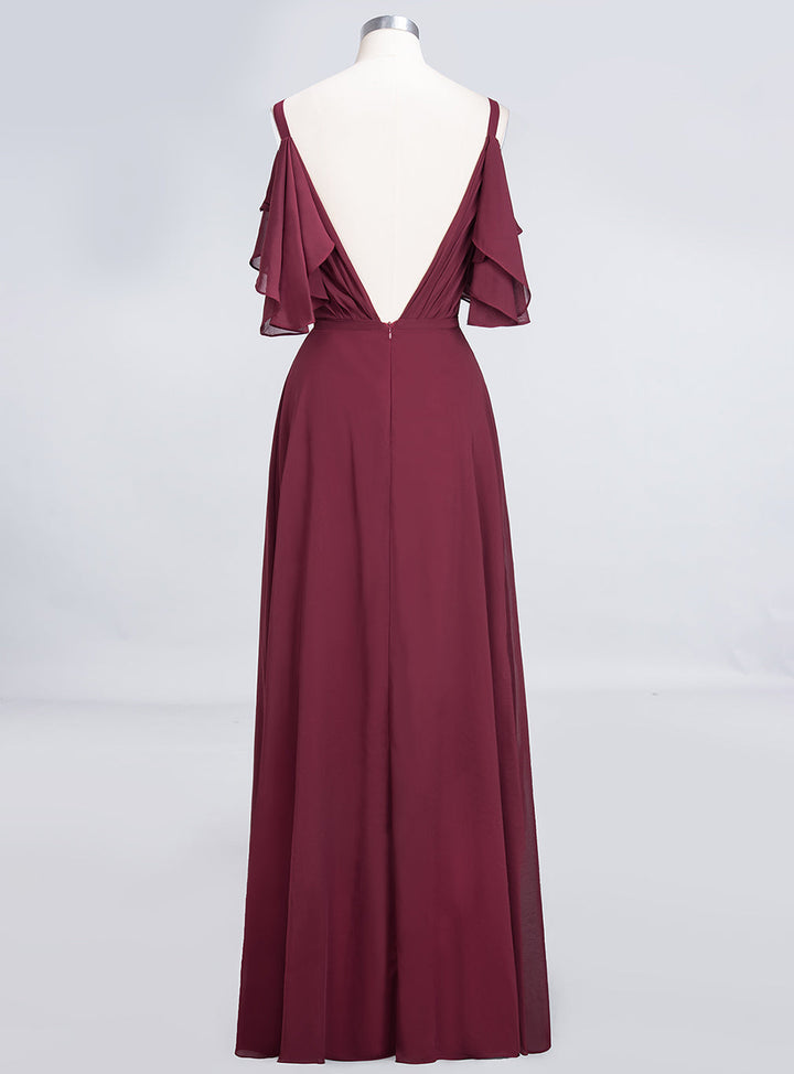 A-line Cold-Shoulder Chiffon Floor-Length Dress with Pearls-koscy