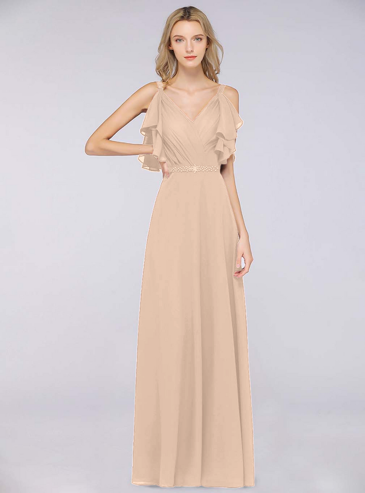 A-line Cold-Shoulder Chiffon Floor-Length Dress with Pearls-koscy