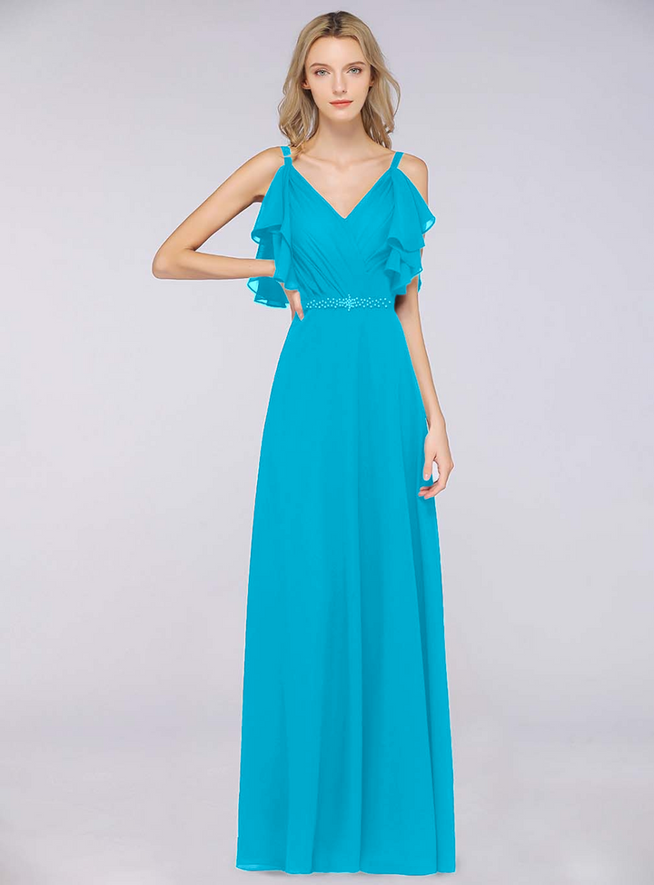 A-line Cold-Shoulder Chiffon Floor-Length Dress with Pearls-koscy