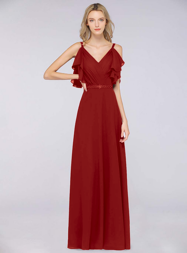 A-line Cold-Shoulder Chiffon Floor-Length Dress with Pearls-koscy