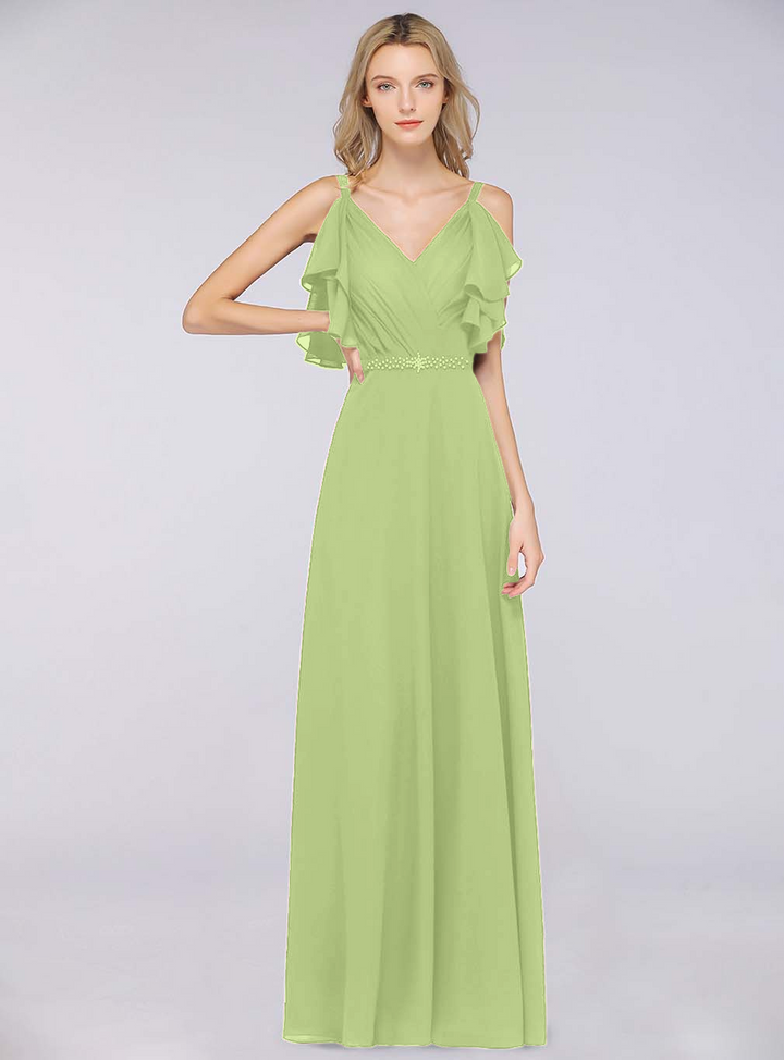 A-line Cold-Shoulder Chiffon Floor-Length Dress with Pearls-koscy