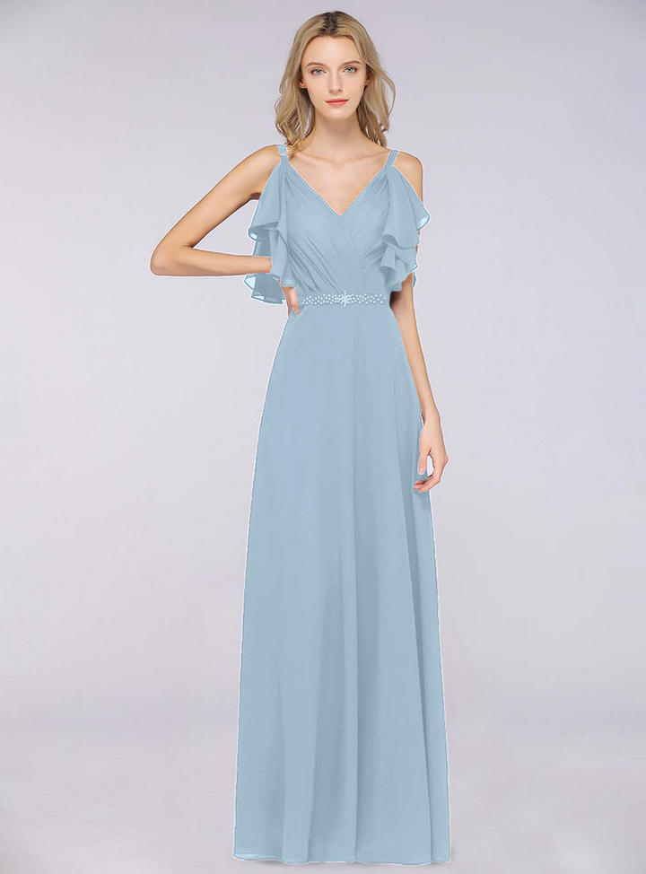 A-line Cold-Shoulder Chiffon Floor-Length Dress with Pearls-koscy