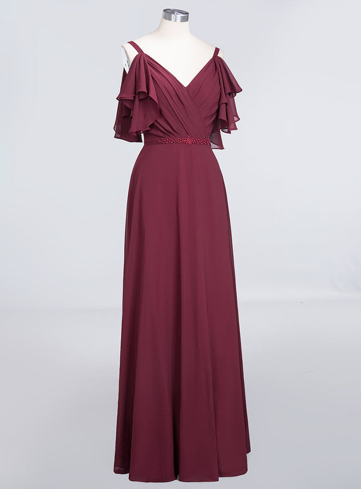 A-line Cold-Shoulder Chiffon Floor-Length Dress with Pearls-koscy