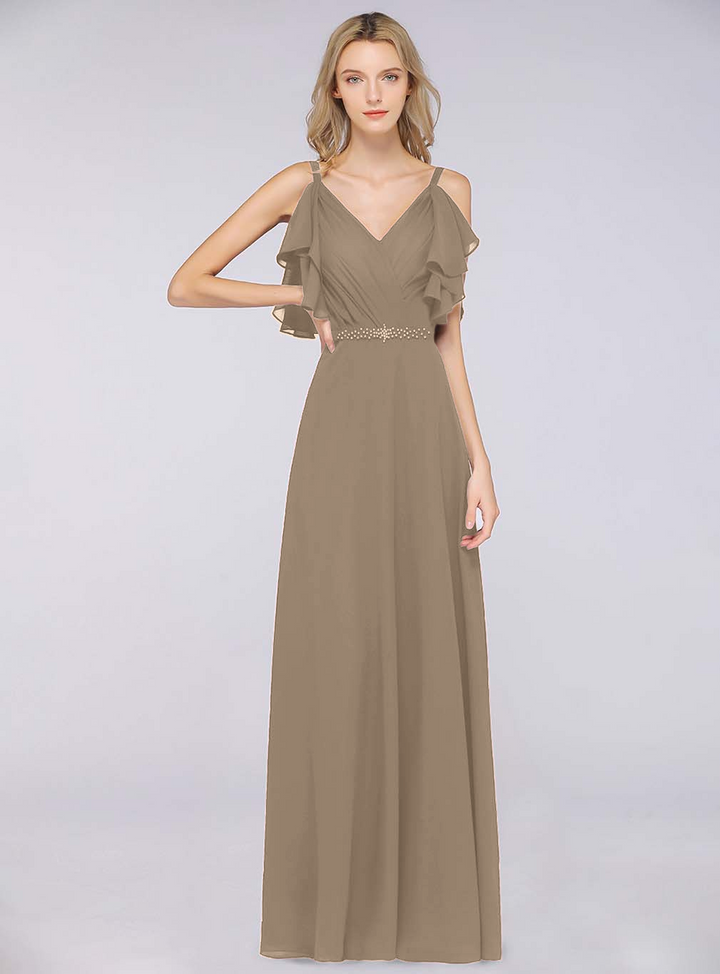 A-line Cold-Shoulder Chiffon Floor-Length Dress with Pearls-koscy