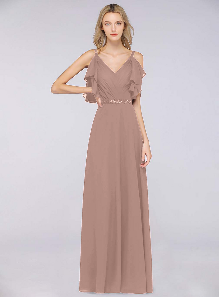 A-line Cold-Shoulder Chiffon Floor-Length Dress with Pearls-koscy