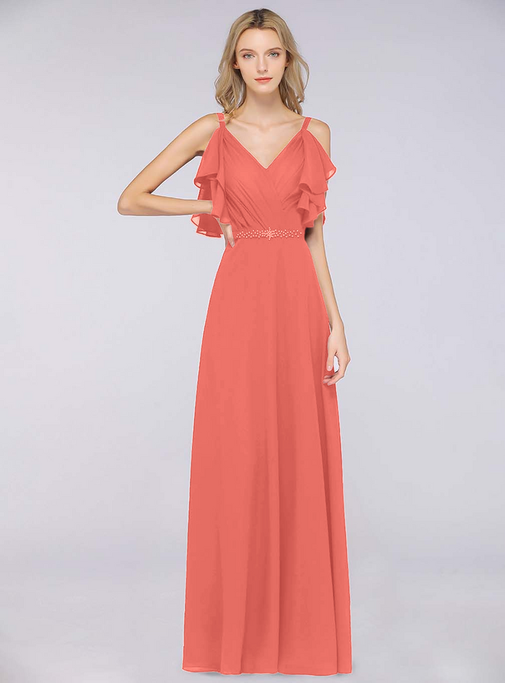 A-line Cold-Shoulder Chiffon Floor-Length Dress with Pearls-koscy