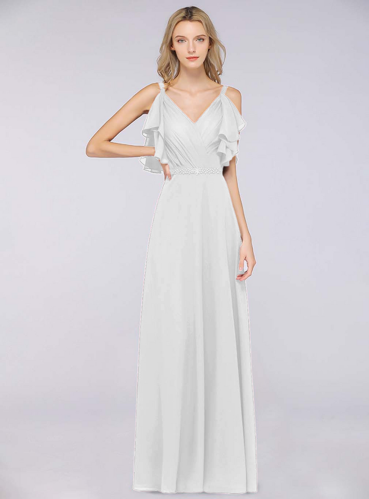 A-line Cold-Shoulder Chiffon Floor-Length Dress with Pearls-koscy