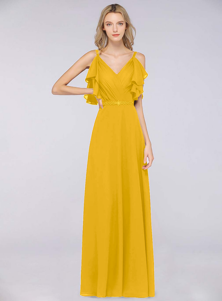 A-line Cold-Shoulder Chiffon Floor-Length Dress with Pearls-koscy