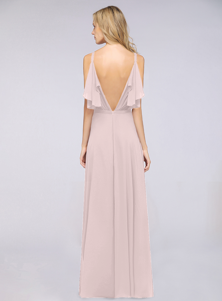 A-line Cold-Shoulder Chiffon Floor-Length Dress with Pearls-koscy