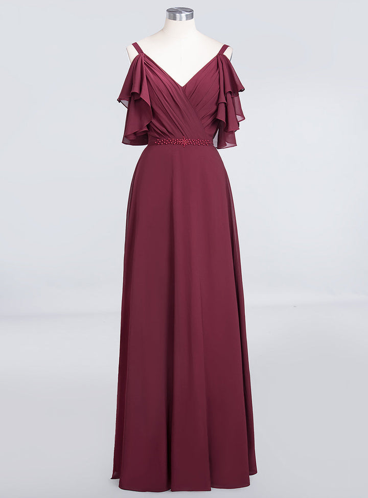 A-line Cold-Shoulder Chiffon Floor-Length Dress with Pearls-koscy