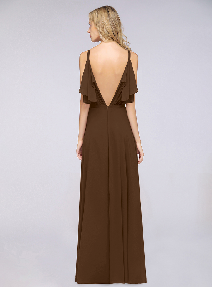 A-line Cold-Shoulder Chiffon Floor-Length Dress with Pearls-koscy