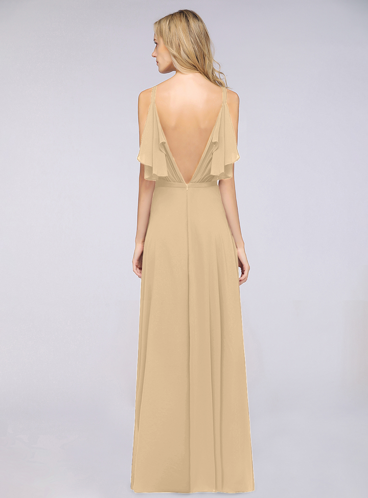 A-line Cold-Shoulder Chiffon Floor-Length Dress with Pearls-koscy