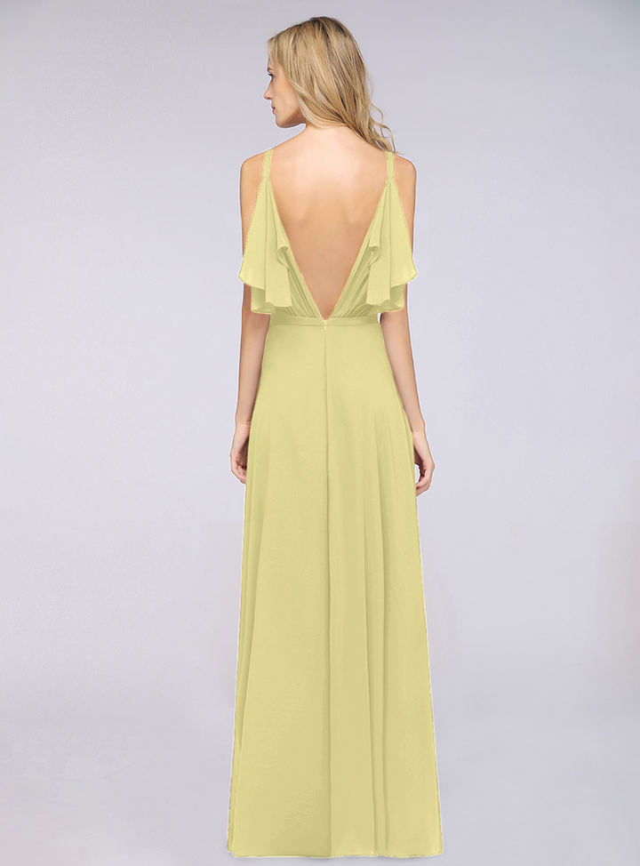 A-line Cold-Shoulder Chiffon Floor-Length Dress with Pearls-koscy