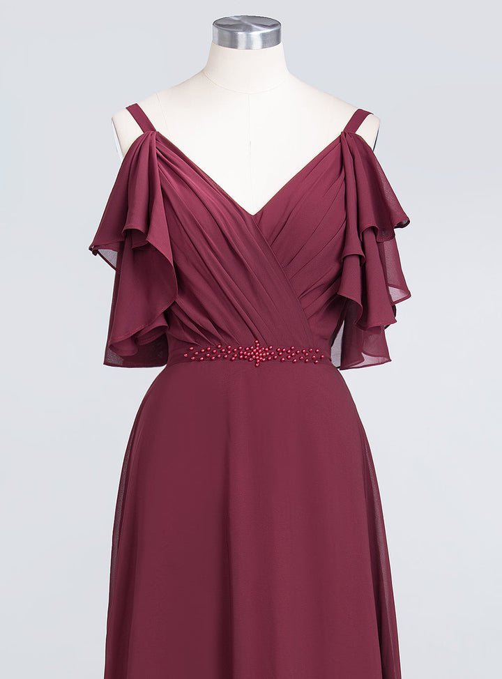 A-line Cold-Shoulder Chiffon Floor-Length Dress with Pearls-koscy