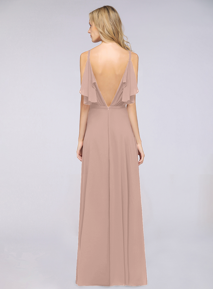 A-line Cold-Shoulder Chiffon Floor-Length Dress with Pearls-koscy