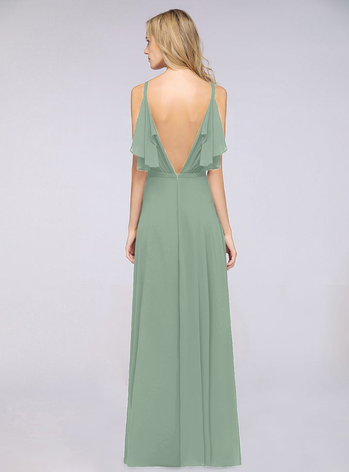 A-line Cold-Shoulder Chiffon Floor-Length Dress with Pearls-koscy