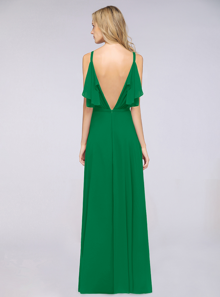 A-line Cold-Shoulder Chiffon Floor-Length Dress with Pearls-koscy