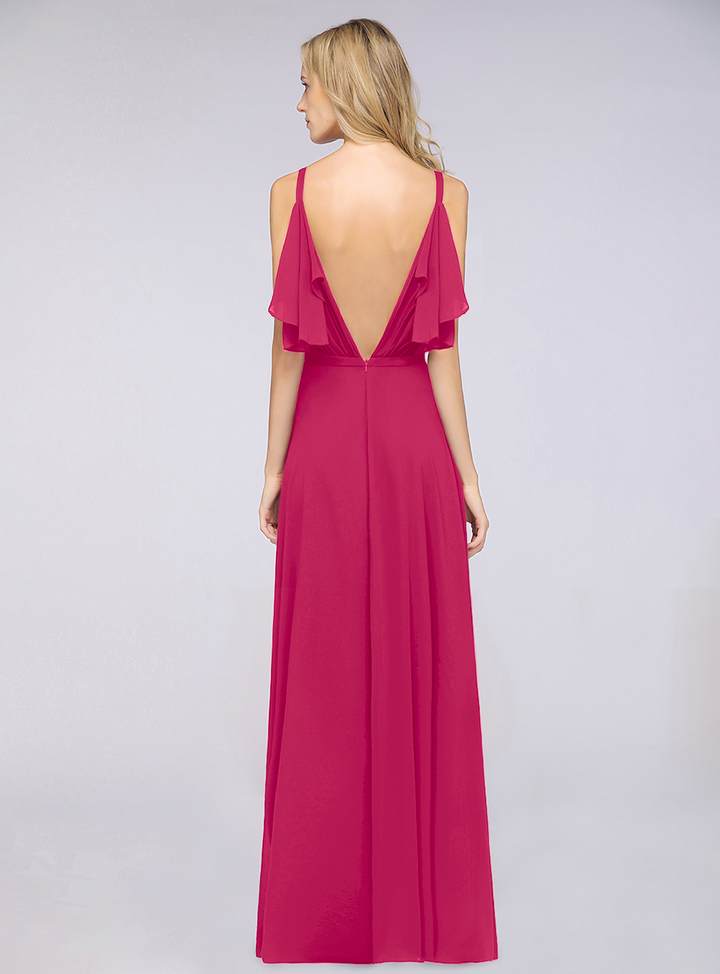 A-line Cold-Shoulder Chiffon Floor-Length Dress with Pearls-koscy