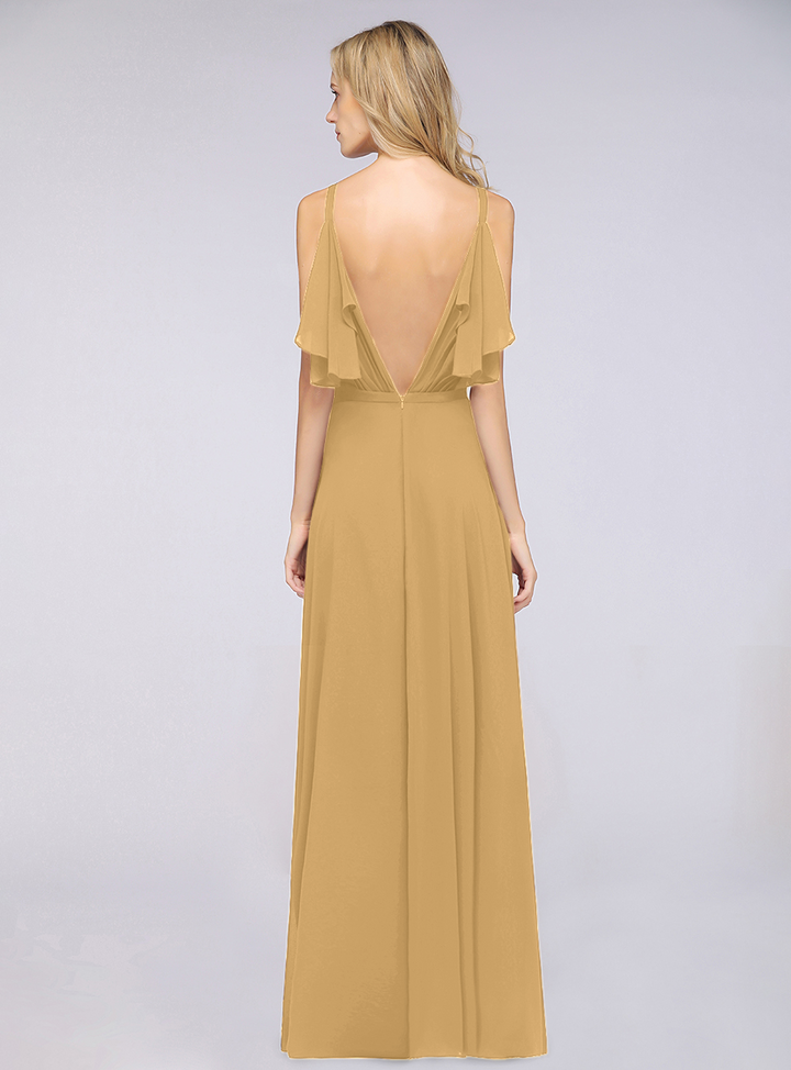 A-line Cold-Shoulder Chiffon Floor-Length Dress with Pearls-koscy