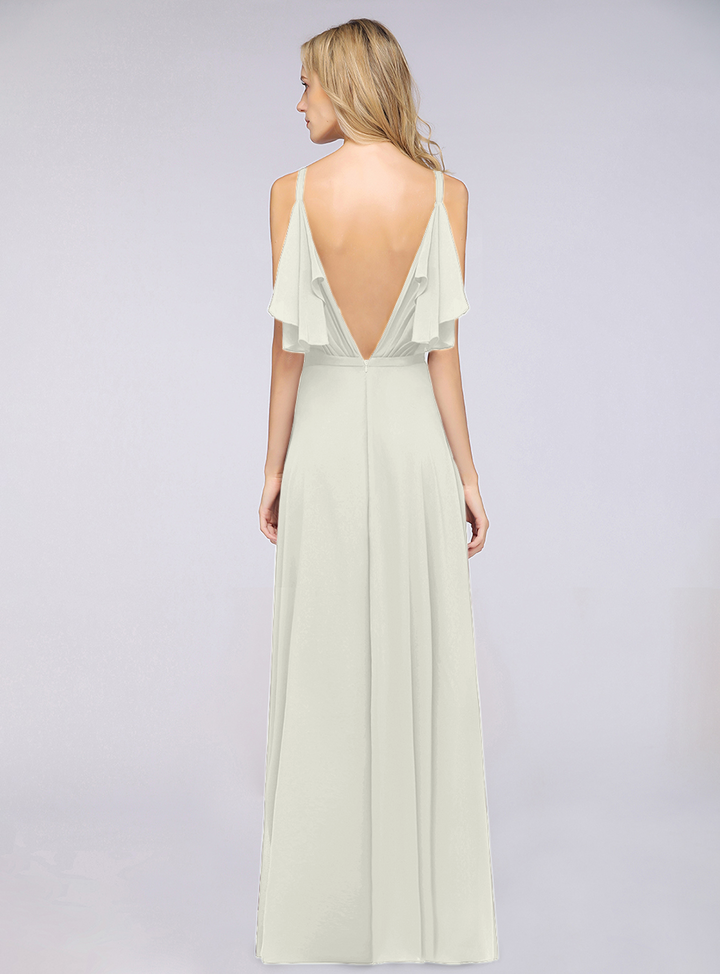 A-line Cold-Shoulder Chiffon Floor-Length Dress with Pearls-koscy