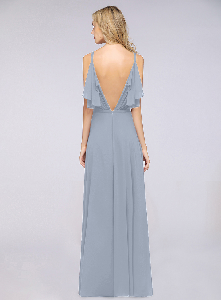 A-line Cold-Shoulder Chiffon Floor-Length Dress with Pearls-koscy