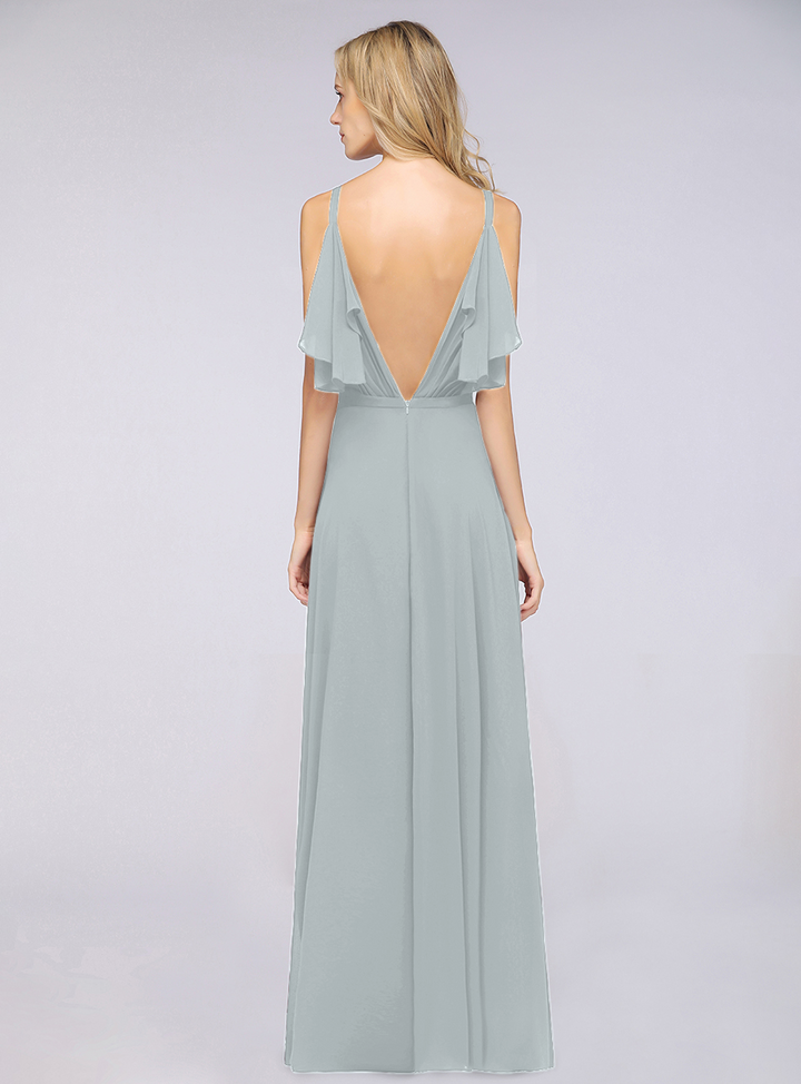 A-line Cold-Shoulder Chiffon Floor-Length Dress with Pearls-koscy