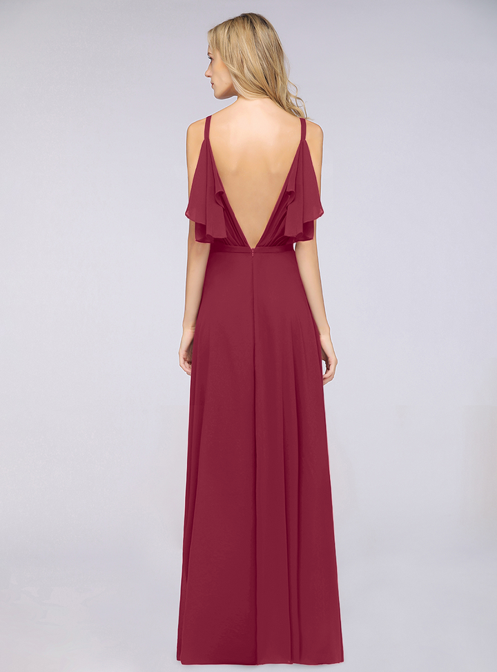 A-line Cold-Shoulder Chiffon Floor-Length Dress with Pearls-koscy